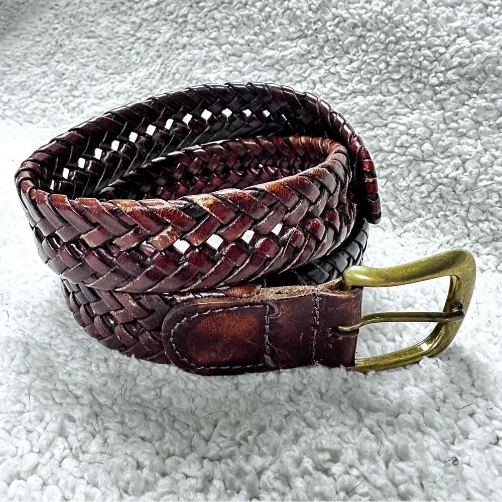 Unisex Sturdy Braided Brown Leather Belt, Full Grain, Solid Brass Buckle 46 Adj